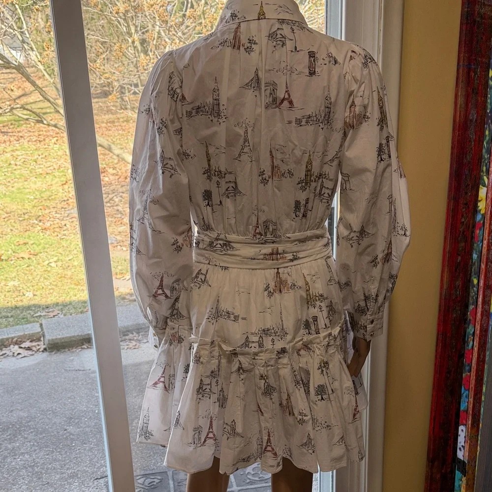 En Saison Travel Print Dress with Puff Sleeves, Tie Waist, Medium - Picture 9 of 13